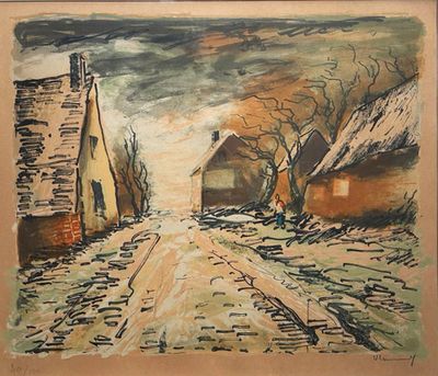 une image représentant une peinture d'une rue dans un village