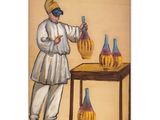 a painting of a man standing next to a table with vases on it