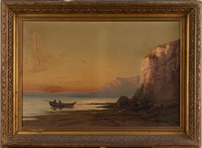 an image of a painting of two people in a boat on the water