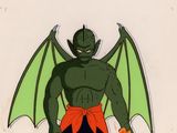 une image représentant un démon de bande dessinée avec un nœud rouge