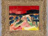 an oil painting of a landscape with a red sky in the background