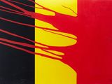 une photo d'un drapeau rouge, jaune et noir au dos d'un skateboard