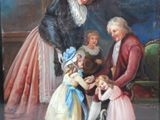 a painting of a woman and two children with a dog