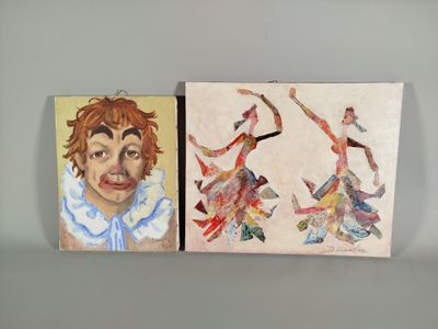 two paintings of a man and a woman are hanging on a wall