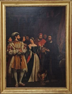tableau représentant un groupe d'hommes et de femmes vêtus de costumes d'époque