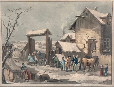 un tableau représentant un groupe de personnes debout devant une grange