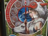 someone is holding a framed picture of a woman and a wolf