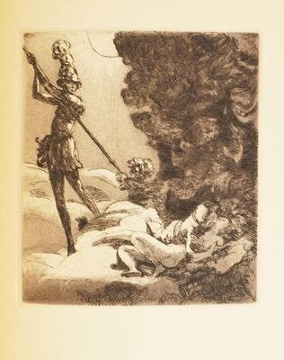 a drawing of a man holding a sword in a cave