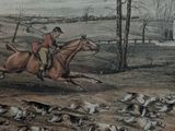 a painting of a man riding a horse with a bunch of birds nearby