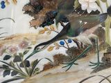 a painting of two birds on a table with flowers