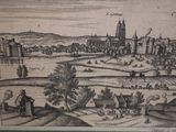 drawing of a view of a city with a river in the foreground and a town in the distance