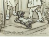 a drawing of two children and a dog in front of a door