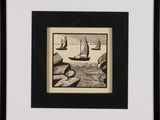 an image of a black and white drawing of a boat in a body of water