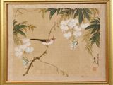 painting of a bird sitting on a branch of a tree with white flowers
