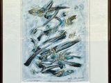 tableau représentant un groupe d'oiseaux en vol, dans un cadre