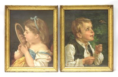 painting of two young children looking at themselves in a mirror