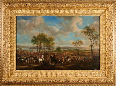 une peinture à l'huile représentant un grand groupe de personnes à cheval