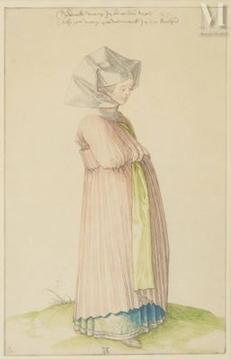 dessin représentant une femme vêtue d'une robe rose et portant un chapeau