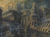 un tableau représentant une ville avec une tour horloge en arrière-plan