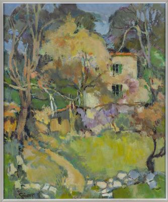 un tableau représentant une maison dans un champ, avec des arbres en arrière-plan
