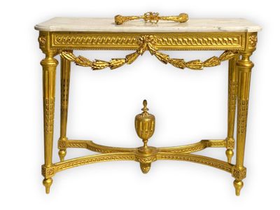 Console Louis XVI en bois doré plateau de marbre blanc (un c…