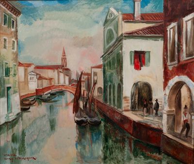 un tableau représentant un canal avec des bateaux dessus