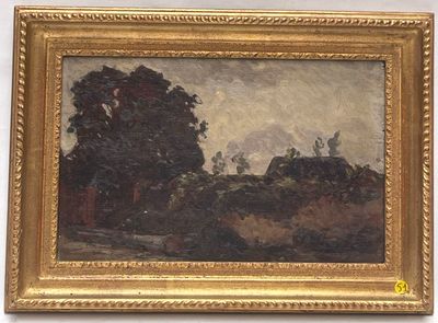 une image d'un tableau représentant un paysage avec des arbres au premier plan
