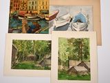 four paintings of boats are displayed on a white surface
