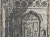 un vieux dessin représentant une arcade dans un bâtiment, avec des personnes qui la traversent