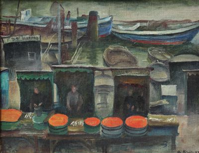un tableau représentant un bateau avec des oranges sur le quai