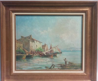 an oil painting of a fishing scene with a boat in the water