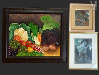 trois photos encadrées représentant des fruits et des légumes accrochées au mur
