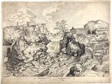 an old drawing of a group of people and animals in a field