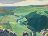 an oil painting of a green valley with a river running through it