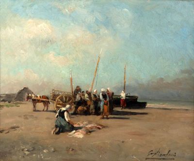 painting of a group of people on a beach with a boat in the background
