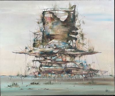 une peinture représentant un bâtiment situé au milieu de l'eau