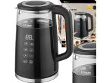 a close up of a black and silver electric kettle