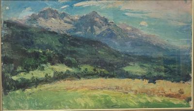 an oil painting of a mountain scene with a valley in the foreground