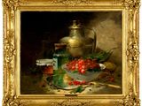 tableau représentant un bol de fraises et d'autres fruits posé sur une table