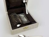 silverware in a box with spoons and spoon rest on a white surface