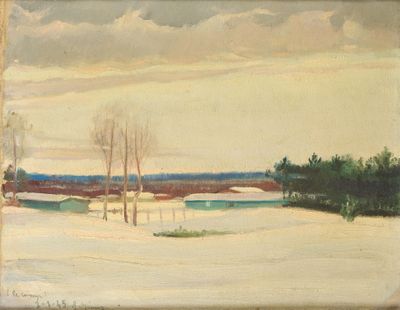 une peinture à l'huile représentant un paysage enneigé avec des arbres et une grange au loin