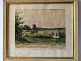 an image of a painting of a lake in a frame on a wall