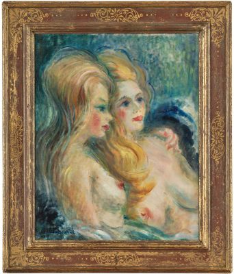 un tableau représentant deux femmes aux longs cheveux blonds, dans un cadre doré