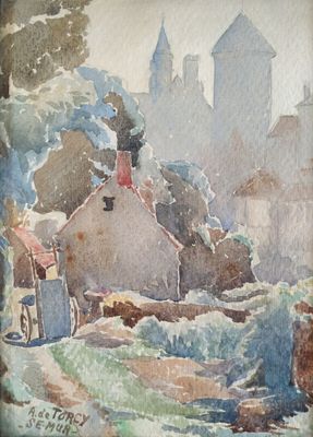 a watercolor painting of a village with a train on the tracks