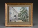 an oil painting of a house with a car parked in front of it