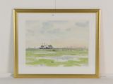 aquarelle encadrée représentant un paysage avec une maison au loin