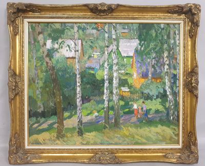 an image of a painting of a park with trees and a bench