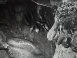 black and white photograph of a statue of a man and a woman in a cave