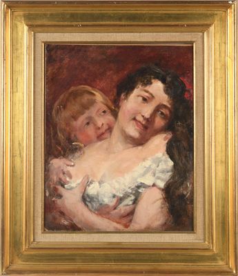 une peinture à l'huile représentant une femme tenant un enfant dans ses bras