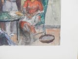 a painting of a woman sitting at a table with a plate of food